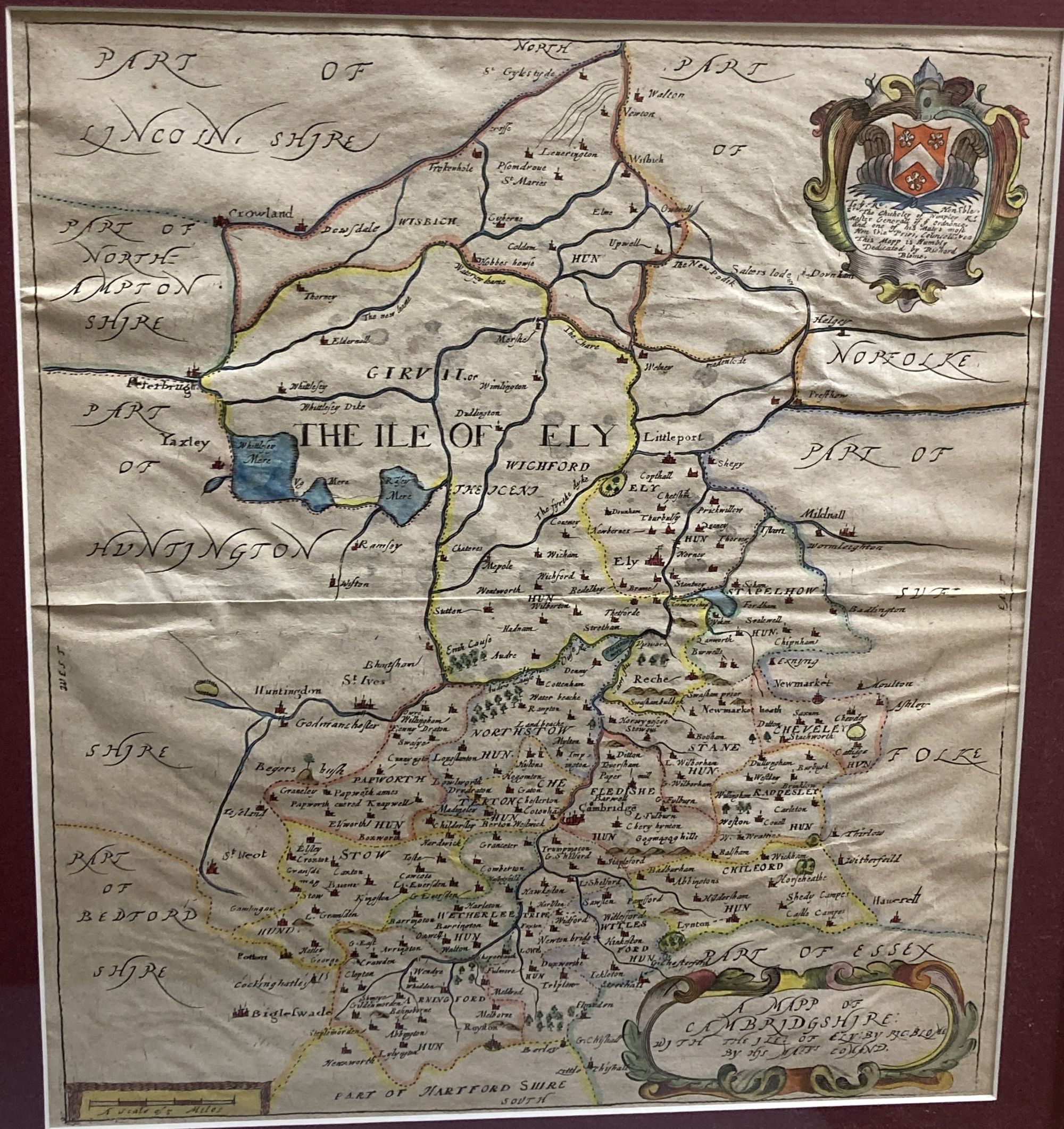 Christopher Saxton, coloured engraving, Map of Warwick, 30 x 34.5cm and a Blome map of Cambridgeshire, 1673, 30 x 27cm